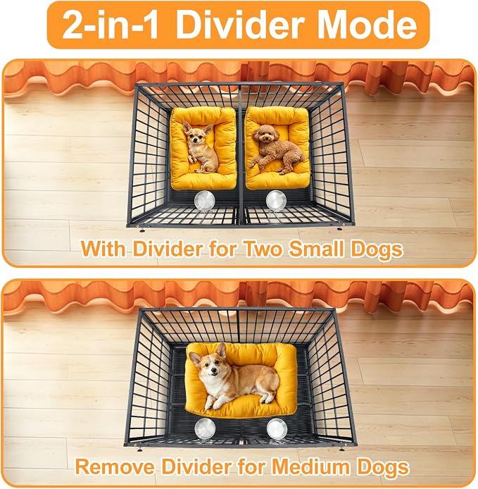 Homey Pet 43" Double Dog Crate, Heavy Duty Stackable Kennel with Divider | Drop Cage for Dogs with Dual Doors, Auto Locks, Bowls, Removable Tray, for Small & Medium Dogs, Breeders and Multi-dog Homes