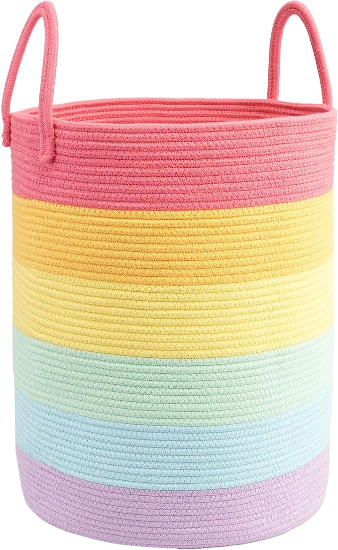 Woven Cotton Rope Laundry Basket, 15" x 20" Laundry Hamper, Rainbow | Rope storage basket for dirty clothes, toys and blankets. Perfect for bathroom, baby nursery and living room storage.