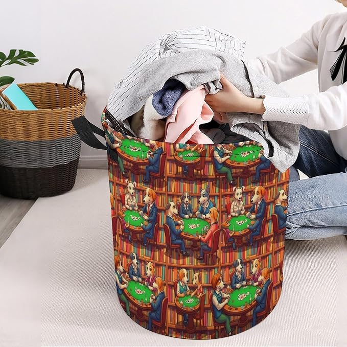 Foldable Laundry Organizer with Handles Dogs Playing Poker Cards Library, Waterproof Hamper Basket for Clothes, Toys, and Bedroom Storage Solutions