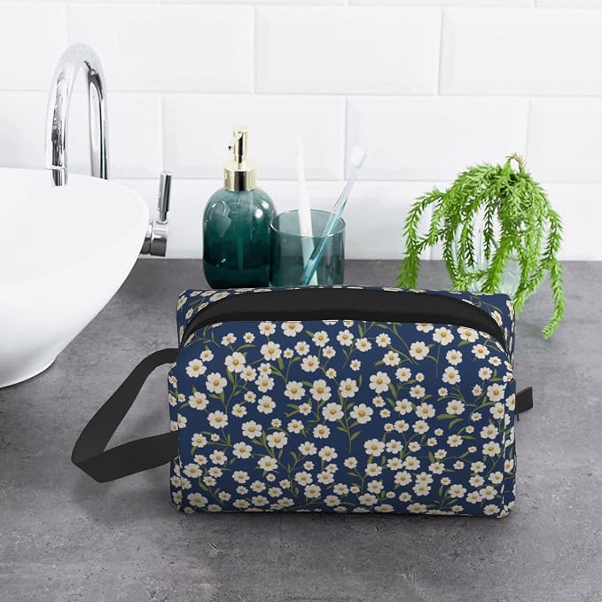 Navy Blue Daisy Makeup Bag - Durable 600D Oxford Fabric Travel Cosmetic Bag, Shockproof Foam Padded Toiletry Organizer for Gym & Daily Use 10x6.2x4.9 Inch