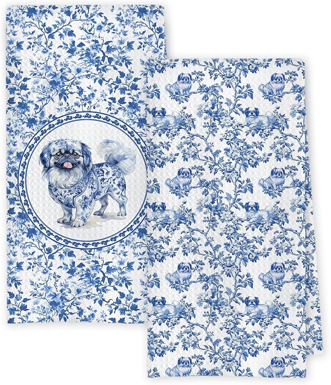Chicimln Chinoiserie Pekingese Dog Kitchen Towels, Pekingese Gifts Decorative Hand Towels for Bathroom, Blue and White Dog Dish Tea Towel Drying Cloth for Kitchen Decor,16x24 Inch,Set of 2