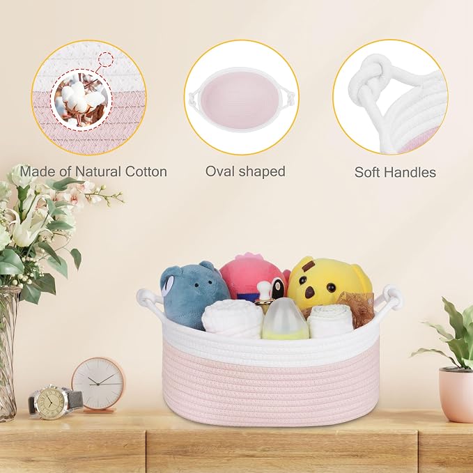 Small Empty Gift Basket with Bag & Ribbons, White & Light Pink | 12“x8”x5”, Cotton Rope Woven Basket for Birthdays, Baby Showers, Mother's Day, Christmas; Stores Small Items, Kids & Pet Toys