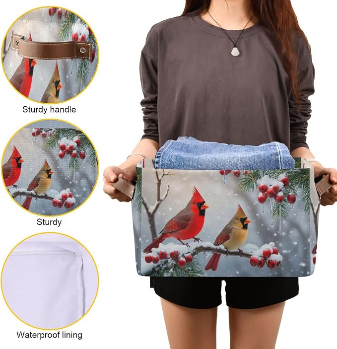Winter Cardinal Birds Snow Storage Basket Fabric Laundry Baskets Christmas Tree Holly Berry Branches Storage Boxes Organizer Bag for Baby Cloth Dog Toy Book Storage Cubes Shelf Closet Bins 16×12×8