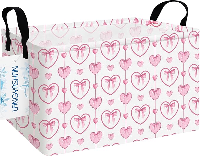 Rectangular Collapsible Pearl Heart Storage Basket Nursery Toy Organizer | Storage Bin Foldable Canvas with Handles for Organizing Home Kitchen Children Toys Office Closet Shelf Baskets