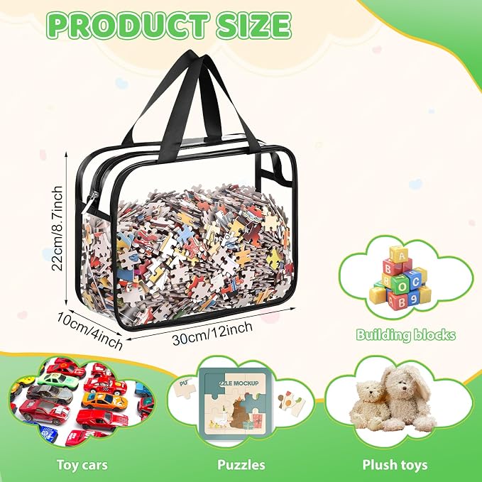 Toy Storage Bags 6 Pack, Clear PVC Toy Organizers, Black | Waterproof PVC, Large 30 x 10 x 22 CM Size, Label-Ready, For Toys, Books, Puzzles, Classroom and Travel