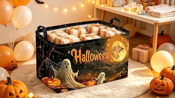 Sanjiaofeng Rectangular Halloween Ghost Storage Basket,Trick or Treat Halloween Basket for Kids,Halloweens‌ Party Candy Gift Baskets(Mysterious Ghost)