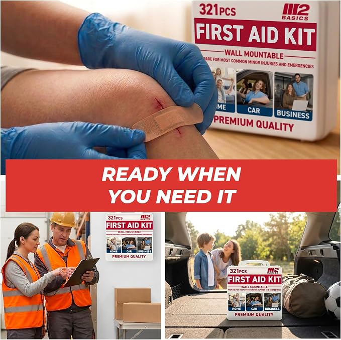 M2 BASICS 321 Piece Premium First Aid Kit, w/Hard Case for Home, Business | Office, Workplace, Warehouse, Vehicle, Jobsite, Garage, Family, Classroom, School, Kitchen, RV And Emergency Readiness
