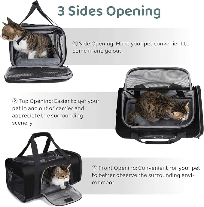 Wakytu TSA Approved Pet Carrier for Small Cats and Dogs,17.7x11x8.3, Black | 3 entrances & 5 vents, waterproof rip-stop, anti-escape locks, padded strap,plane underseat,cat dog carrier