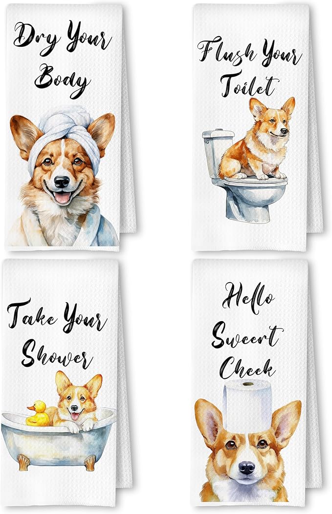 Funny Corgi Dog Hand Towels for Bathroom Washroom, Gifts for Corgi Lovers Women Men, Dog Bathroom Decor, 16x24 Inch Set of 4
