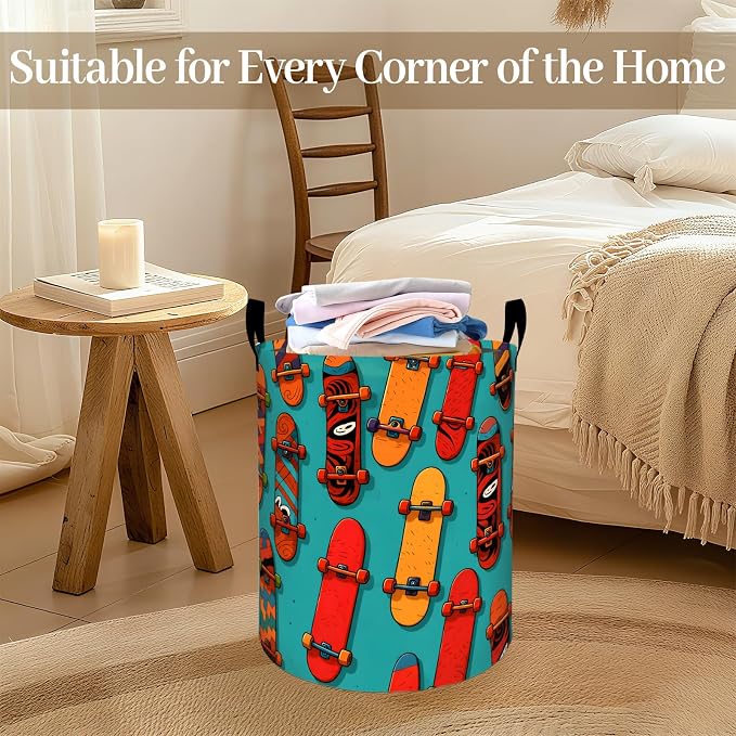 Colorful Skateboard Laundry Basket, Cool Cartoon Foldable Oxford Cloth, Waterproof Dirty Clothes Hamper with Handles, Clothing Storage Bin Toy Organizer for Bedroom Dorm Bathroom, 19.7"x15.7"