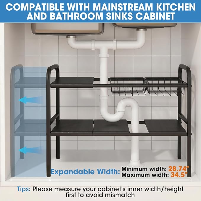Expandable 2 Tier Under Sink Organizer, Black, 28.74-34.5 Inch Width | For Kitchen and Bathroom, 2 Storage Baskets, 6 Removable Panels, Adjustable Height Metal Shelf, Fits Pipes