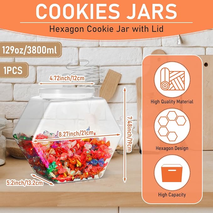 Uiifan Plastic Candy Jar with Lid Clear Hexagonal Fish Bowls,129Oz | Clear Cookie Jar Desk Pet Display, Dog Food Craft Supplies Coffee Pod Storage, Wide Mouth Easy Access Organizer