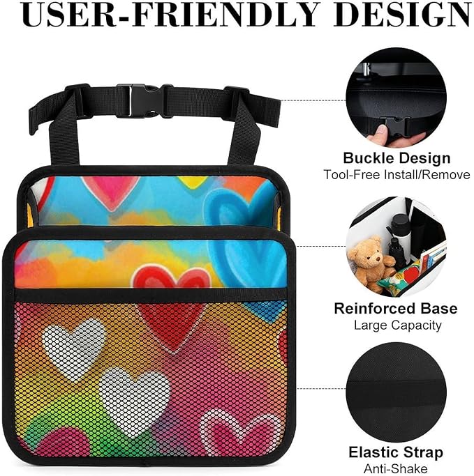Car Seat Back Organizer Auto Storage Bin Backseat Hanging Pouch, Colorful | Love Hearts, Multipurpose Vehicle Storage Pocket with Mesh Pockets PU Leather Backseat Accessories