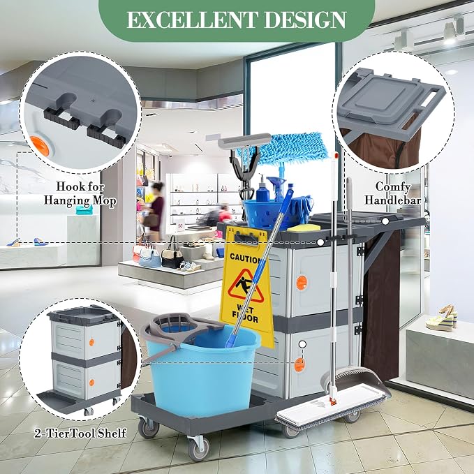 Commercial Janitorial Cleaning Cart 3-Shelf 2-Cabinet Housekeeping Cart with Lockable Wheels Oxford Bag and Cover Heavy Duty for School Hotel Apartment