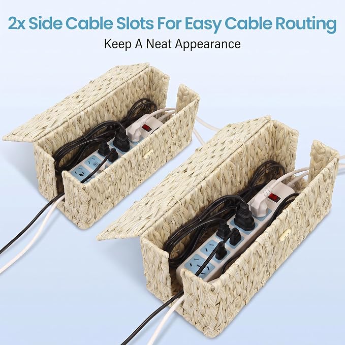 efluky 2 Pack Plastic Floor Cord Covers with Lid, Hand-Woven Cable Management Box, 2 Open Slots Cord Box to to Hide USB Wire, Power Strip & Charger for Home & Office and Dorm, Milky White