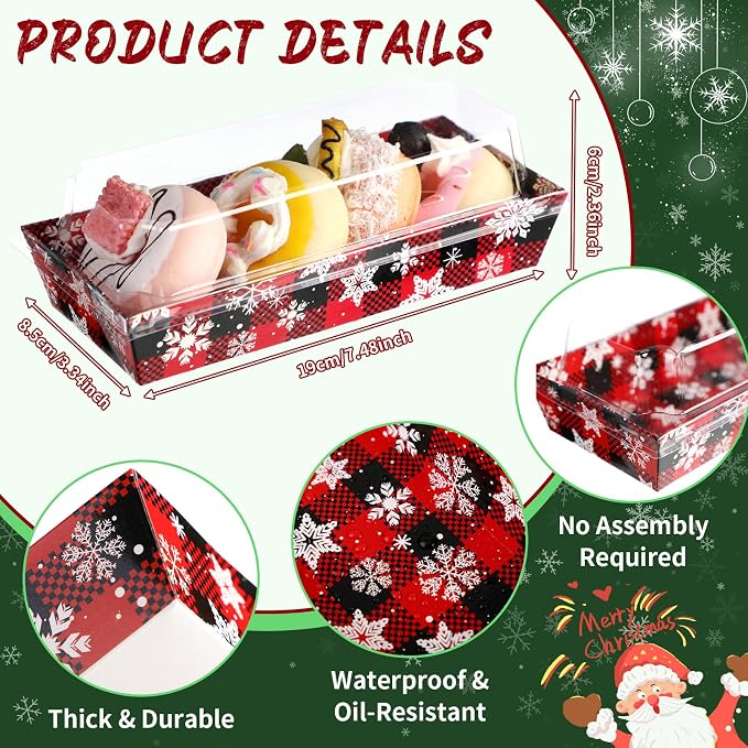 Bokon 100 Pack Christmas Charcuterie Boxes with Clear Lids, Red and Black Snowflake Cookie Boxes with Window, Disposable Food Containers Candy Treat Gift Tins for Sandwich, Cookie, Cake Slice