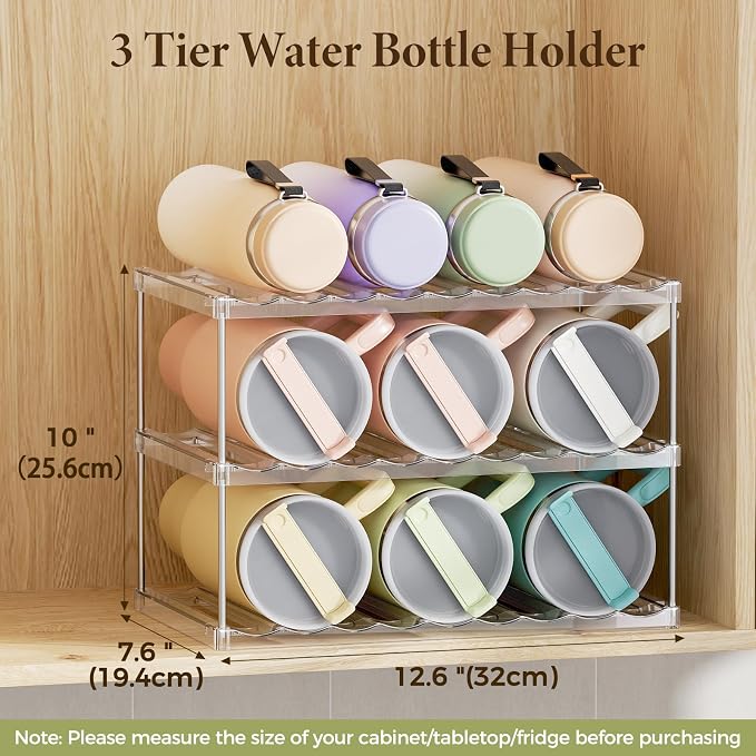 LAMU Stackable Water Bottle Organizer Holder Tumbler Cup Storage Rack | 3 Tier Clear PET Holder for Stanley 16-40oz Large Water Bottle Tumbler Cup Storage for Kitchen Cabinet Pantry Countertop