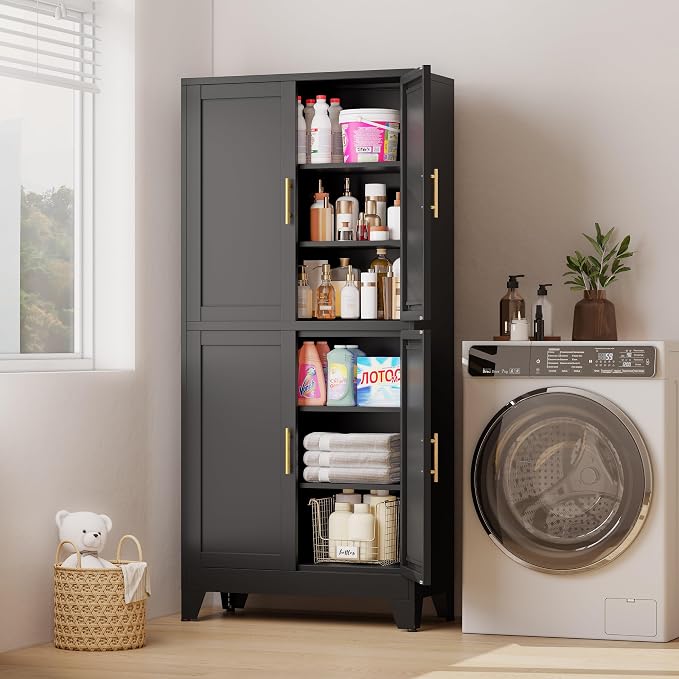 75" Tall Kitchen Pantry Cabinet, Black Metal Pantry Storage | Storage Cabinet with Doors and 3 Adjustable Shelves, Steel Storage, Bathroom cabinets Organizer, Cupboard for Home, Office