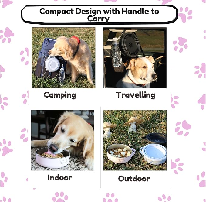 Pink Collapsible Travel Dog & Cat Bowl – BPA-Free Silicone & 18/8 Stainless Steel, Portable Non-Slip Food & Water Bowl with Handle, Bottle/Poop Bag Holder – Claim Your