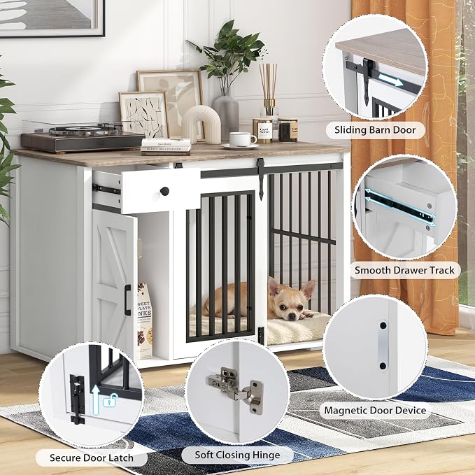 Verano Garden 44" Dog Crate Furniture, Dog Kennel (44" Left Facing Door) | 2-in-1, Lockable, Sliding Door, Removable Divider, Adjustable Shelf, Farmhouse, Heavy Duty, Small Medium Dogs, White