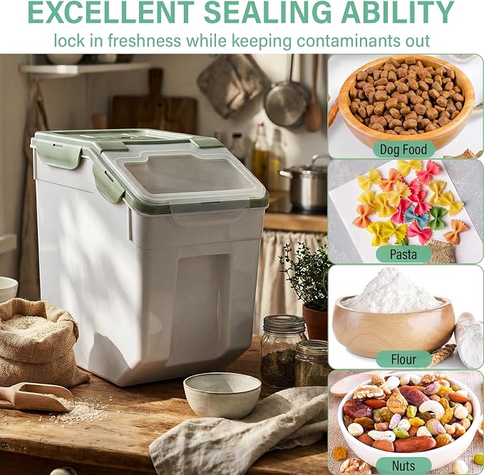 Sunnyray 4 Pcs 33 lbs Grain Rice Storage Container Flour Bin with Wheels Cup Leak Proof Pet Food Storage Boxes Seal Locking Lid Plastic Rice Containers Set for Cereal Flour Cat Dog Food (Green)