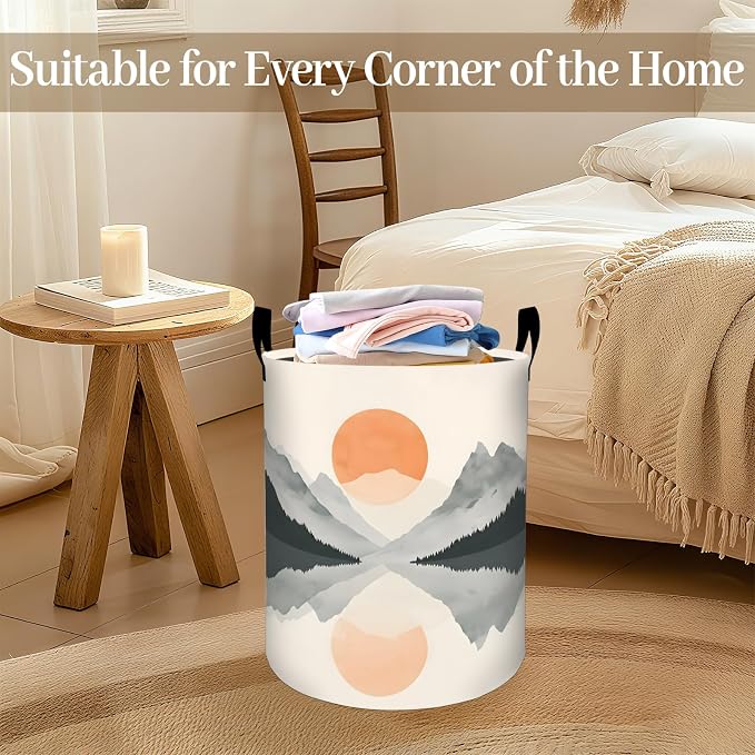 Mountain Lake Sun Laundry Basket, Modern Rustic Foldable Oxford Cloth, Waterproof Dirty Clothes Hamper with Handles, Clothing Storage Bin Toy Organizer for Bedroom Dorm Bathroom, 19.7"x15.7"