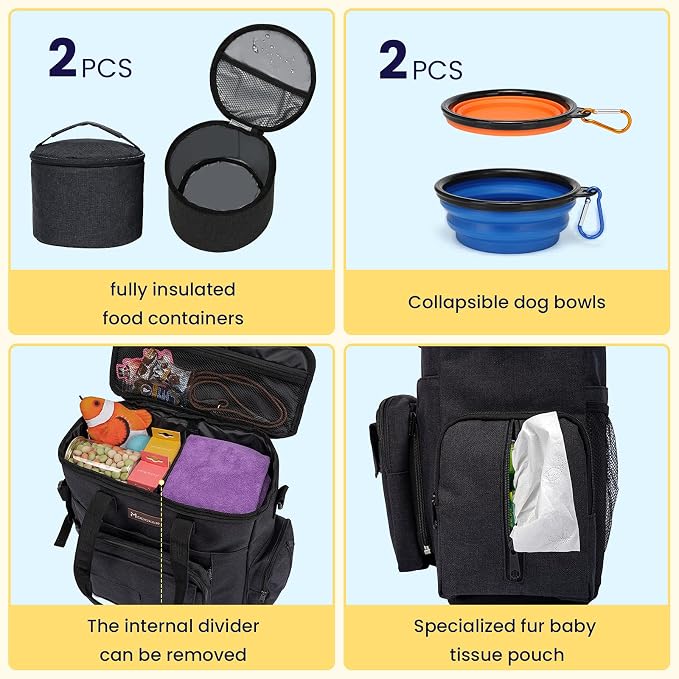 Modoker Dog Travel Bag with 2 Collapsible Dog Bowls, 1 Dog Backpack, Airline Approved Pet Travel BagOrganizer for Supplies & Accessories, 2 Travel Dog Food Container, Black | Dog travel accessories set with feeding supplies, bowls, mat, and strap. Idea...