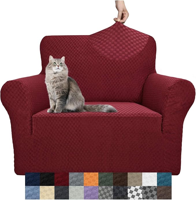 YEMYHOM Couch Cover Latest Jacquard Design High Stretch Sofa Chair Covers for Living Room, Pet Dog Cat Proof Armchair Slipcover Non Slip Magic Elastic Furniture Protector (Small, Christmas Wine Red)