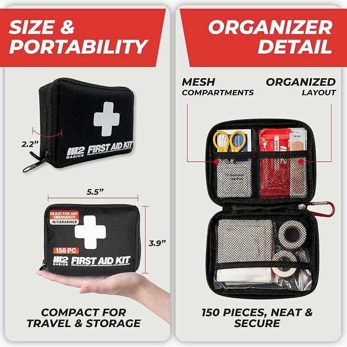 M2 BASICS 150 Piece Premium First Aid Kit, Compact Bag for Purse & Travel | On-The-Go Emergency Use, Backpack, Glove Box, Luggage, Carry-On, School, Sports, Car, RV, Boat, Hiking, Camping And Dorm