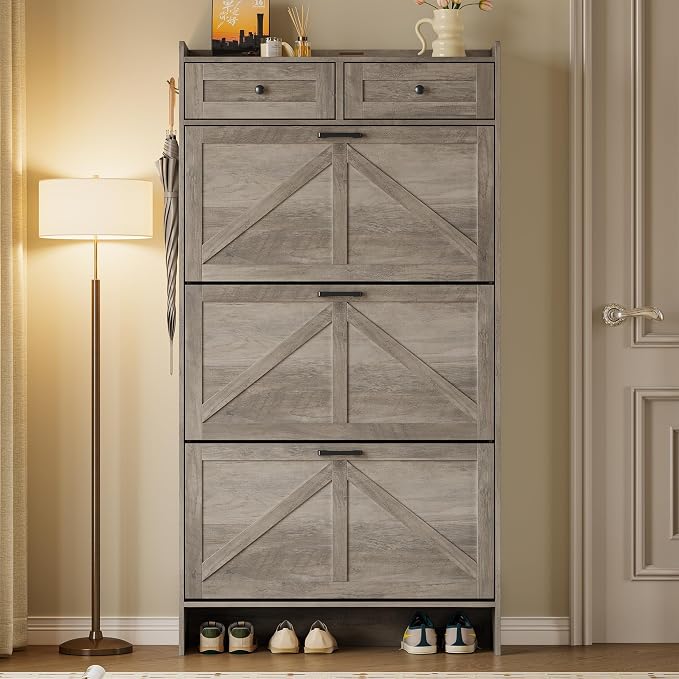 BORNOON Shoe Storage Cabinet for Entryway, Farmhouse Narrow Shoe Cabinet with 3 Flip Drawers & 2 Top Drawers, Adjustable Shelves & Hooks, Freestanding Hidden Rack Organizer for Hallway, Foyer
