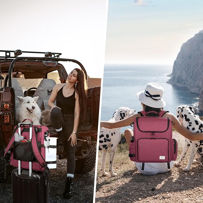 Modoker Multi-Compartment Dog Travel Backpack for Pet Supplies, Pink | Dog Travel Accessories Organizer with 2 Food Bags, 2 Bowls, Quick-Access Pockets, Tissue Opening, Luggage Sleeve, Feeding Mat