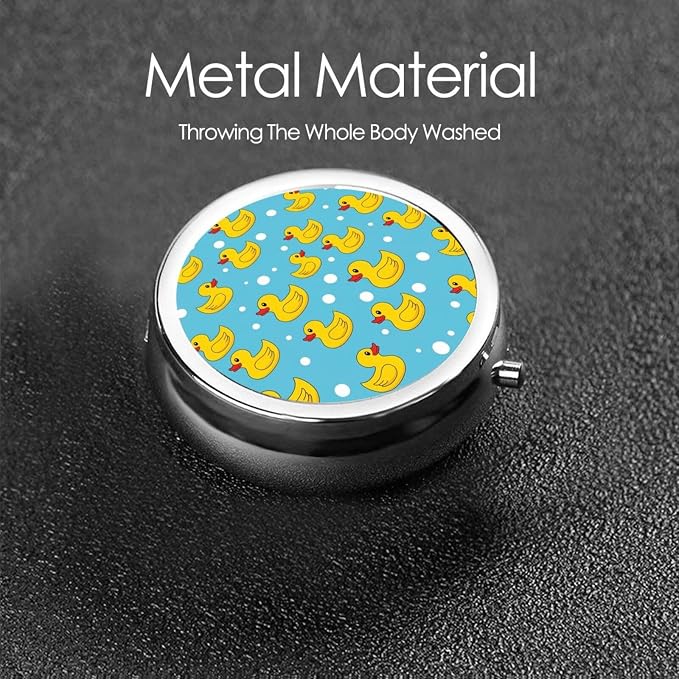 Pocket Pill Box, Waterproof Round Dispenser, Portable Mini Case for Supplements, Daily Use Organizer for Active Lifestyles, Yellow Rubber Duck Print