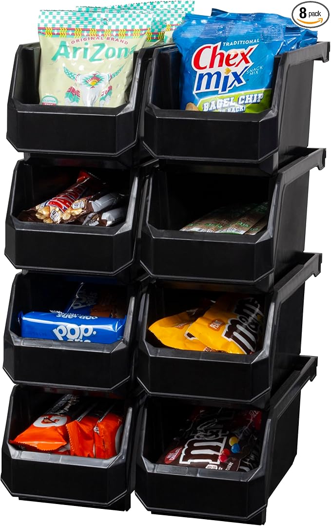 Medium Stackable Plastic Storage Bins, 8-Pack, Black | Open-Front Stackable Bins For Garage, Pantry, Closet & Office, 11"L X 5,5"W X 5"H, Nests When Empty, Durable Plastic,