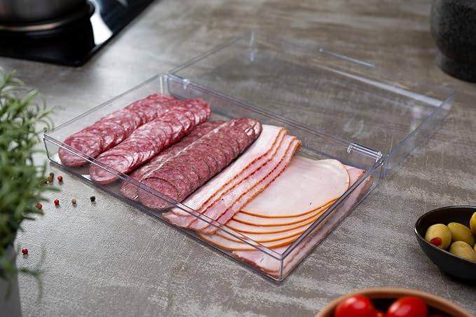 Pikanty Large Deli Meat Container for Refrigerator — Holds 3 Packs of Bacon, Cold Cuts, Sliced Cheese, Ham, Turkey or Salami, Airtight Hinged Lid, Dishwasher and Freezer Safe, Made in USA