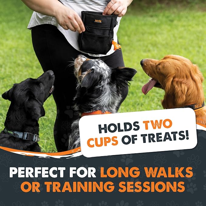 Mighty Paw Dog Training Treat Pouch, No-Spill Magnetic Clasp, Black | Adjustable Belt Sling, Waist Pack or Fanny Pack, Hands-Free Wear, Poop Bag Holder, 4 Pockets, Made in USA