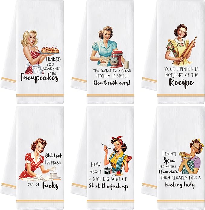GROBRO7 Funny Kitchen Hand Towel - 6Pcs Retro Lady Cooking Dish Towels Soft Polyester Cleaning Dishcloth Home Dining Room Bath Vintage Style Decor Housewarming Gifts for Housewife Women Hostess