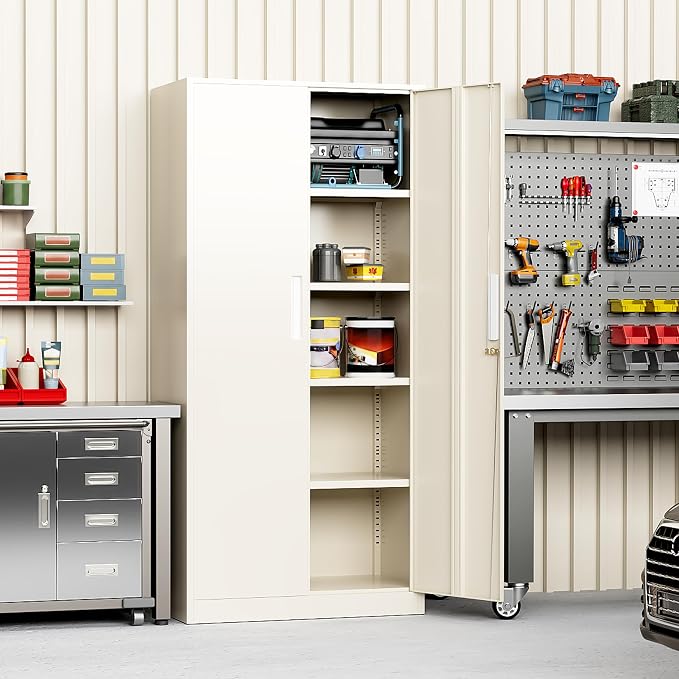 Greenvelly Metal Storage Cabinet with Doors and Shelves, 72" Inch Locking Metal Cabinet,Garage Storage Cabinet for Garage Office School Warehouse (Gray)