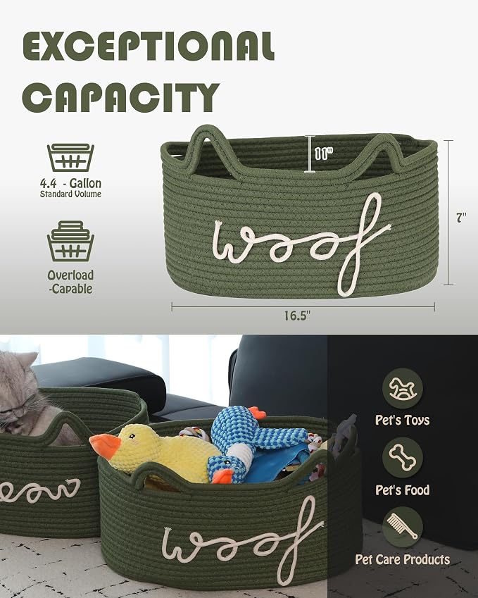 Sea Team Dog Toy Storage Basket with Handles and Ears, Green Woof | Large Cotton Rope Storage Bin, Shelf Basket, Organizer for Pet Chew Toys, Foods, 16.5 x 11 x 7 Inches, 4.4 Gallons