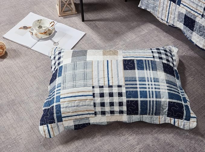 Brilliant Sunshine Multi Blue Plaids & Stripes Pillowshams Set, 20"x26"+2" | Patchwork Design, Quilted Standard Pillowcases, Washable Scallop Edge Pillow Covers, Pack of 2