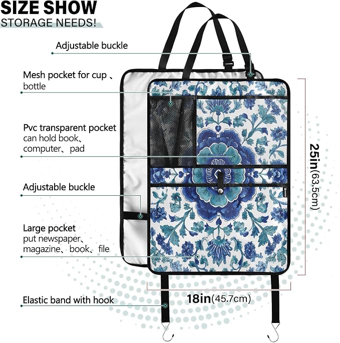 2 Pack Back Seat Car Organizer with Storage Pockets Kick Mats Back Seat Protector Hanging Car Organizer Automotive Seat Back Cover Organizers Floral Blue and White Vine