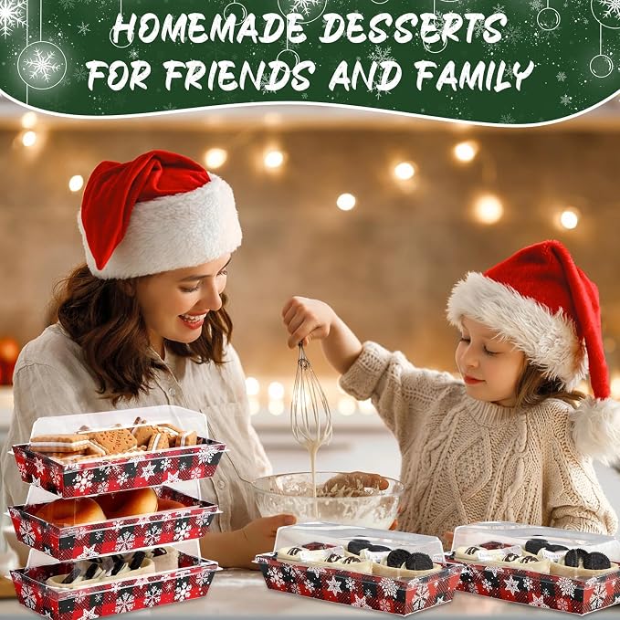 Bokon 100 Pack Christmas Charcuterie Boxes with Clear Lids, Red and Black Snowflake Cookie Boxes with Window, Disposable Food Containers Candy Treat Gift Tins for Sandwich, Cookie, Cake Slice