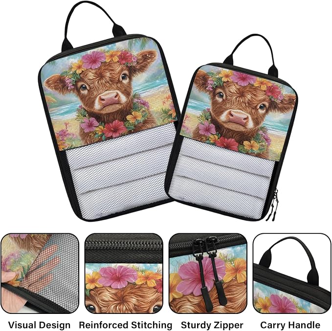 Funny Highland Cow 6 Set Compression Packing Cubes Rustic Farmhouse Bull Animal Expandable Packing Organizer for Travel Accessories Luggage Suitcase Bag