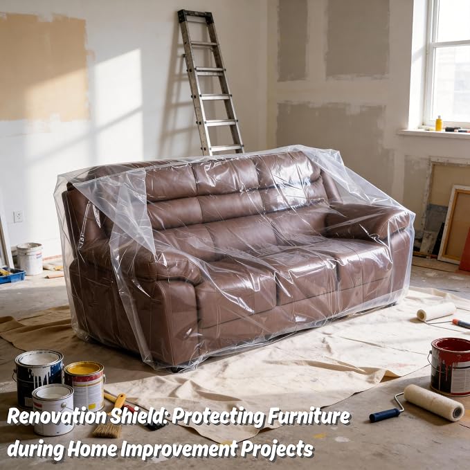 Wowfit 4mil Furniture Cover for Moving, Couch Storage Bag, 68.1Wx42Dx62/41H | With Tape Strips & Labels, Clear, Heavy Duty, Waterproof, Dustproof, Loveseat/Recliner, Sectional Piece, Garage, Outdoor