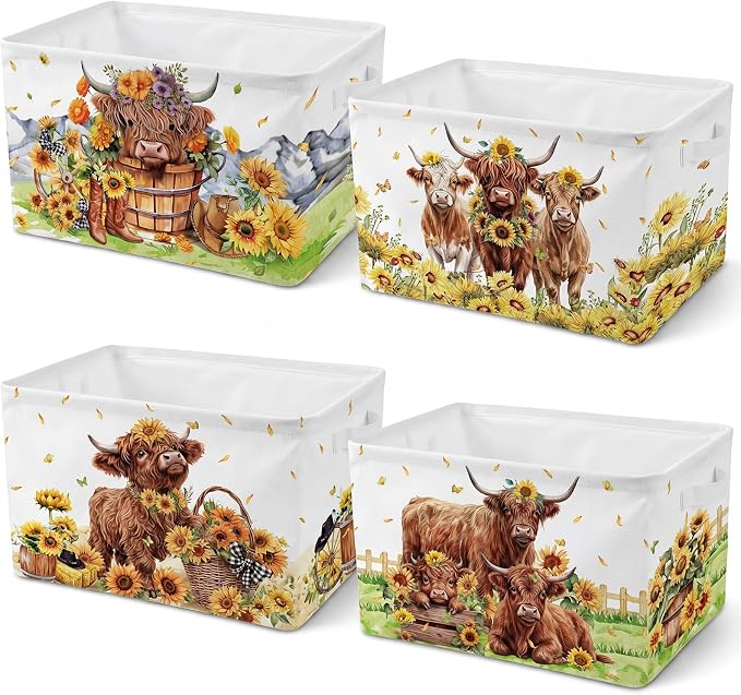 4 Pcs Highland Cow Storage Bin Collapsible Western Cow Themed Fabric Storage Basket with Handle American Country Style Organizer for Home Bathroom Bedrooms Baby Clothes Toys Books
