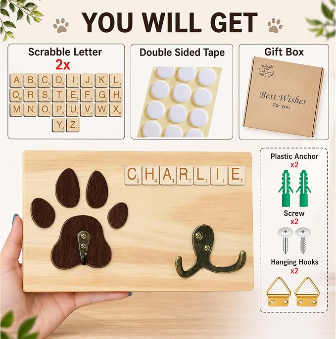 Dog Leash Holder Wall Mount, Pet Harness Hanger with Scrabble Letters, Dog Collar Organizer for Entryway, Cat Leash Key Holder for Wall, Pet Memorial Loss Gifts, Home Decor PF218-N