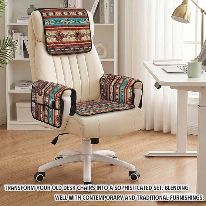 Aztec Quilted Recliner Chair Covers with Arms 4-Piece | Lazy Boy Recliner Chair Covers with Pockets Machine Washable Furniture Protector for Armchairs Wingback Chairs Pet Friendly