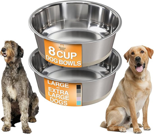 Neater Pet Brands Stainless Steel Dog Bowls with Non-Slip Rubber Bottom – Set of 2, 8 Cup (64 oz), Tan - Heavy Duty Metal Dog Bowl, Dishwasher Safe, Food or Water Bowl, Ideal for Large Dogs