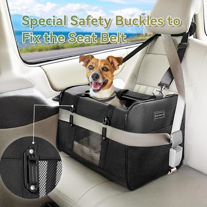 Petsfit Large Cat Carrier for Car Travel, Patented Seat Belt Buckle, 20 lb | 19 x 12 x 12 in; for large cats and small dogs, with locking zippers, anti-scratch mesh, reinforced frame and washable pad.
