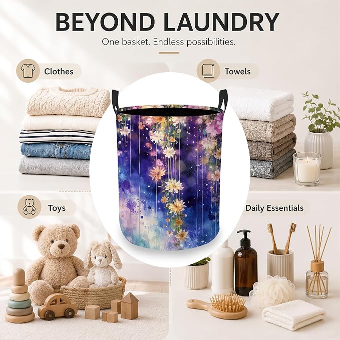 Laundry Hamper, Colorful Flowers Collapsible Blue White Laundry Baskets Waterproof Oxford Cloth With Handles, Clothes Storage Bucket For Bathroom/Bedroom 16" x 20.8"