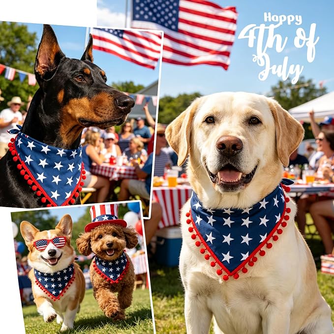 4th of July Dog Bandana, American Flag Star Pattern Holiday Triangle Scarf, Adjustable Snap Button Patriotic Neckwear for Small & Medium Breeds (5-30lbs)